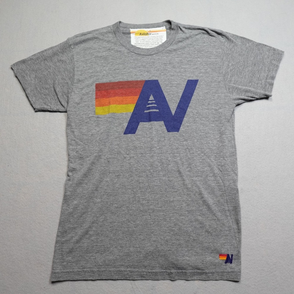 Aviator Nation Shirt Mens Large Gray Graphic Logo Crew Neck Cotton Blend USA